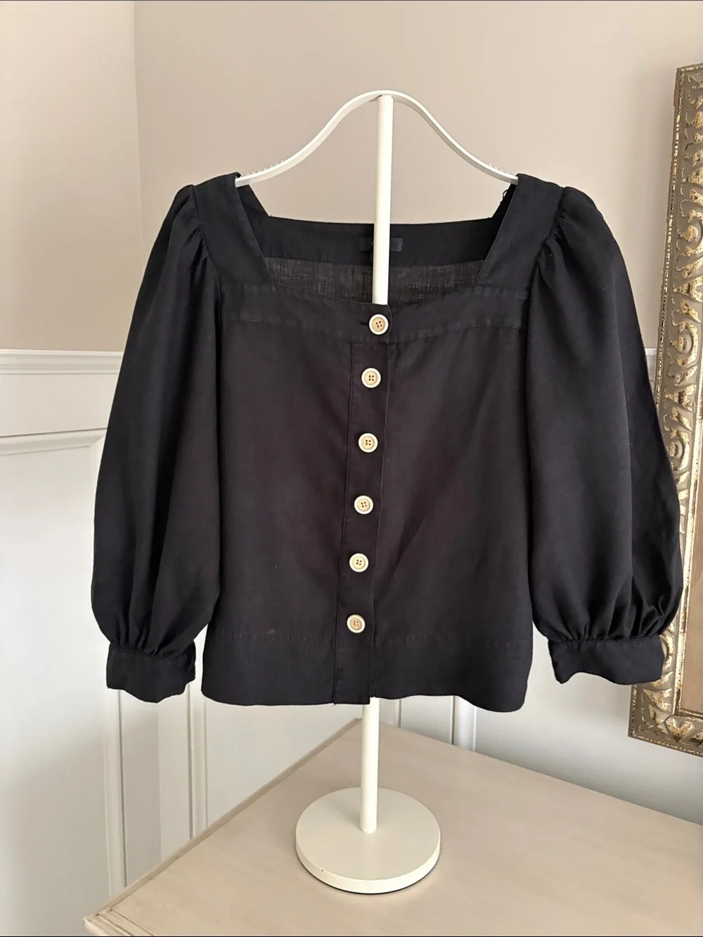 J. Crew Black Square Neck Button-Front Puff Sleeve Blouse